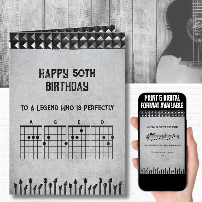 Carte 50e Black Grey Classic Rock Guitar Chord Anniversa (Classic rock birthday card designed for the musician or guitar enthusiast hitting the big 50)