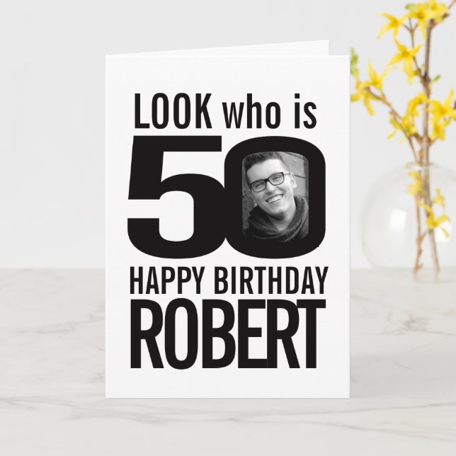 Carte 50e Joyeux anniversaire 2 photos mono (Fleur jaune)