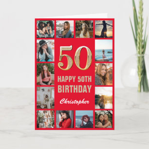 Carte 50e Joyeux Anniversaire Collage photo rouge et or