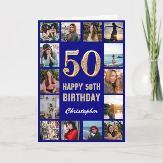Carte 50e Joyeux Anniversaire Marine Bleu & Gold Photo C