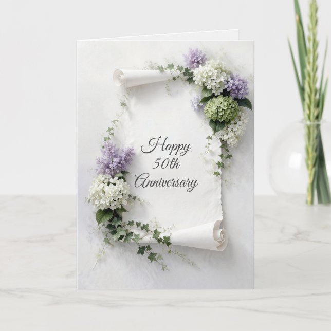 Carte 50th Anniversary Scroll Lilacs and Hydrangeas  (Devant)