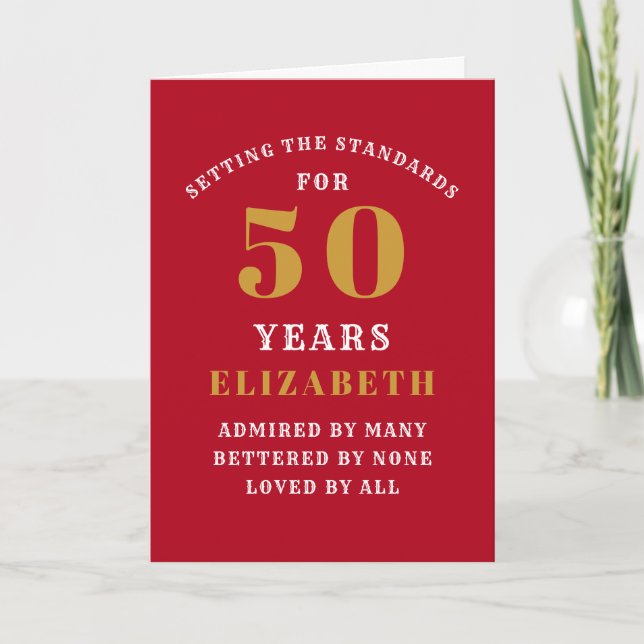 Carte 50th Birthday Standards Red Gold Ajouter votre nom (Devant)