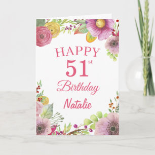 Carte 51e anniversaire Aquarelle Florale Fleurs rose car