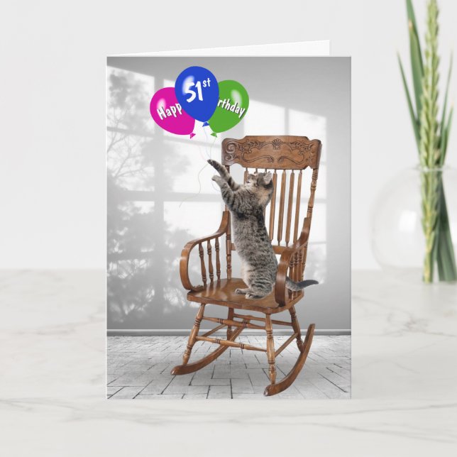 Carte 51e Anniversaire Chat Avec Ballons (Devant)