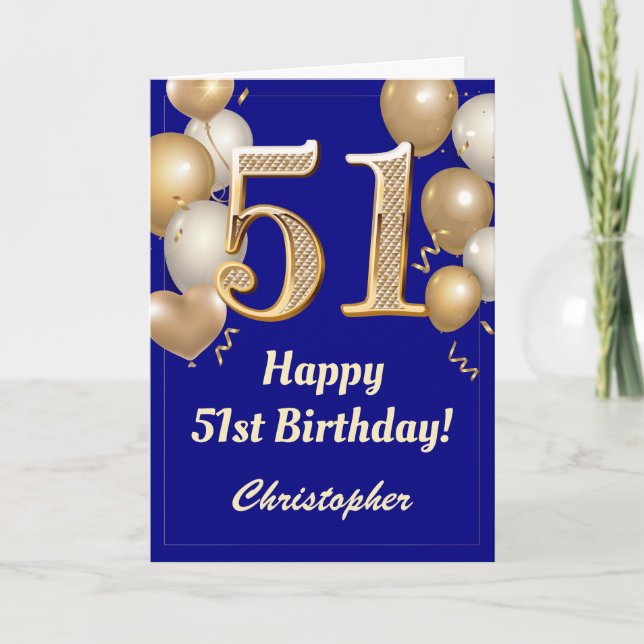 Carte 51e anniversaire Marine Bleu et Ballons d'or Confe (Devant)