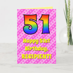 Carte 51e Anniversaire : Rayures roses & Cœurs, Arc-en-c