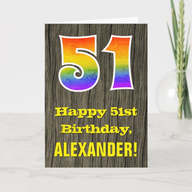 Carte 51e anniversaire : Rustic Faux Wood Look, Arc-en-c (Devant)