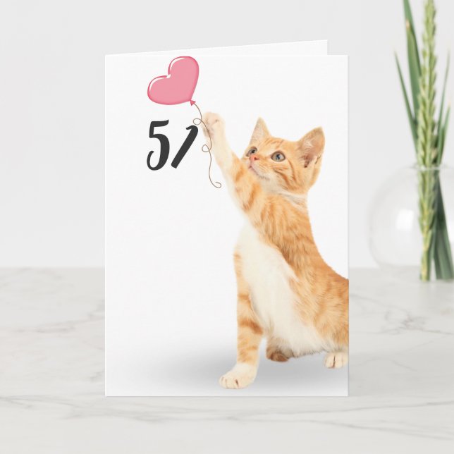 Carte 51e anniversaire tabby chat avec ballon cardiaque (Devant)