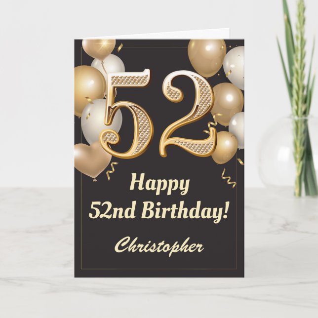 Carte 52e anniversaire Ballons Noir et Or Confetti (Devant)