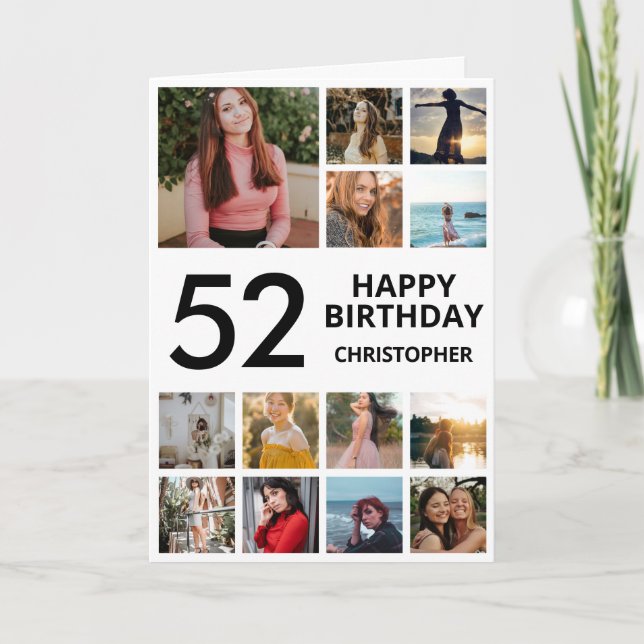 Carte 52e anniversaire Collage photo 13 photos noir blan (Devant)