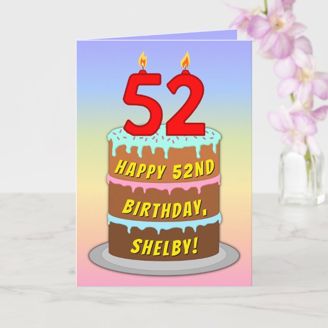 Carte 52e anniversaire — Fun Cake & Candles, avec nom pe (Orchidée)