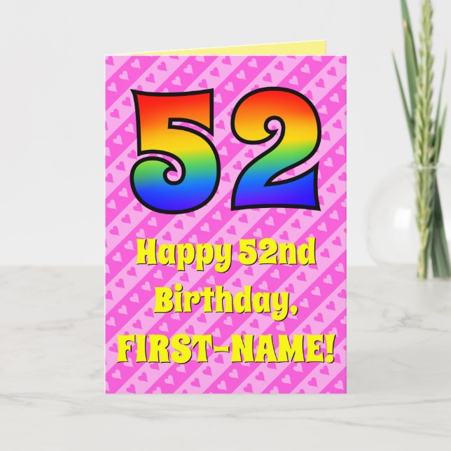 Carte 52e anniversaire : Pink Stripes & Hearts, Arc-en-c (Devant)