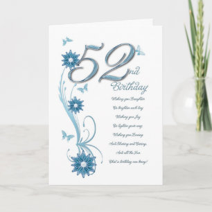 Carte 52nd birthday in teal with flowers and butterfly