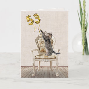 Carte 53e anniversaire Ballons et Tabby Cat