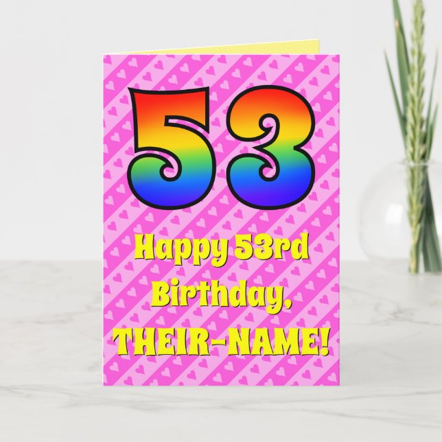 Carte 53e anniversaire : Pink Stripes & Hearts, Arc en c (Devant)