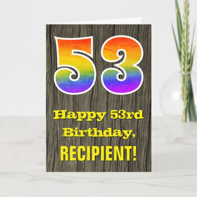 Carte 53e anniversaire : Rustic Faux Wood Look, Arc-en-c (Devant)