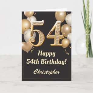 Carte 54e anniversaire Ballons Noir et Or Confetti