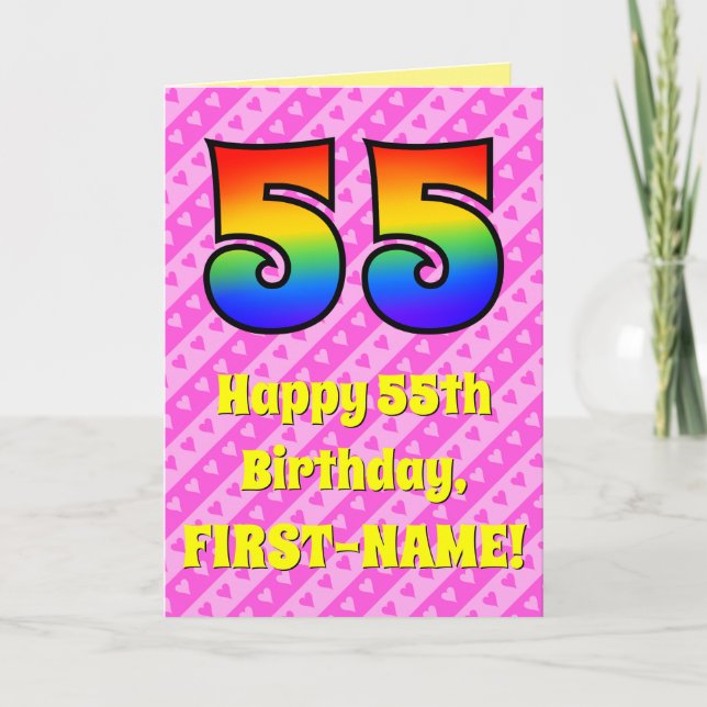 Carte 55e anniversaire : Pink Stripes & Hearts, Arc en c (Devant)