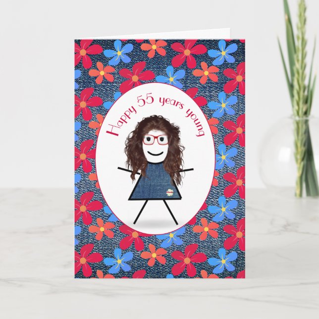 Carte 55e Anniversaire Stick Girl and Daisies On Denim (Devant)