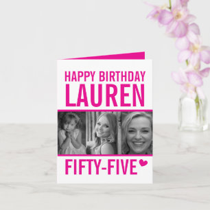 Carte 55e anniversaire trois photos rose et blanc chaud