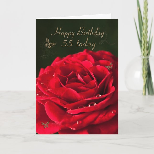 Carte 55e Birthday Card with a classic red rose (Devant)