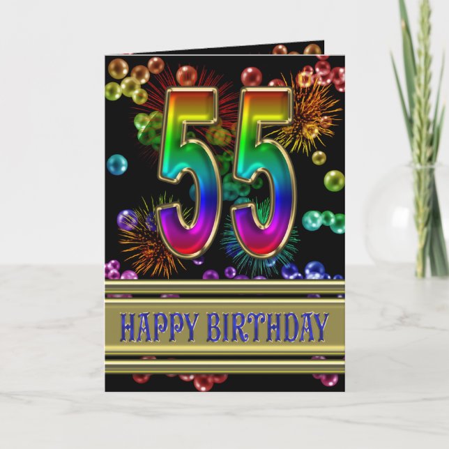 Carte 55ème anniversaire avec bulles arc-en-ciel et feux (Devant)