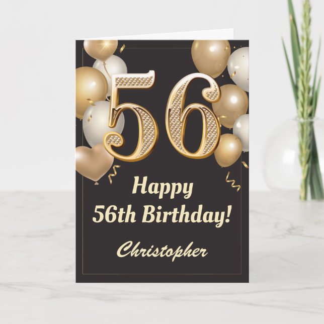 Carte 56e anniversaire Ballons Noir et Or Confetti (Devant)