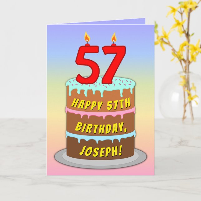 Carte 57e anniversaire — Fun Cake & Candles, avec nom pe (Fleur jaune)