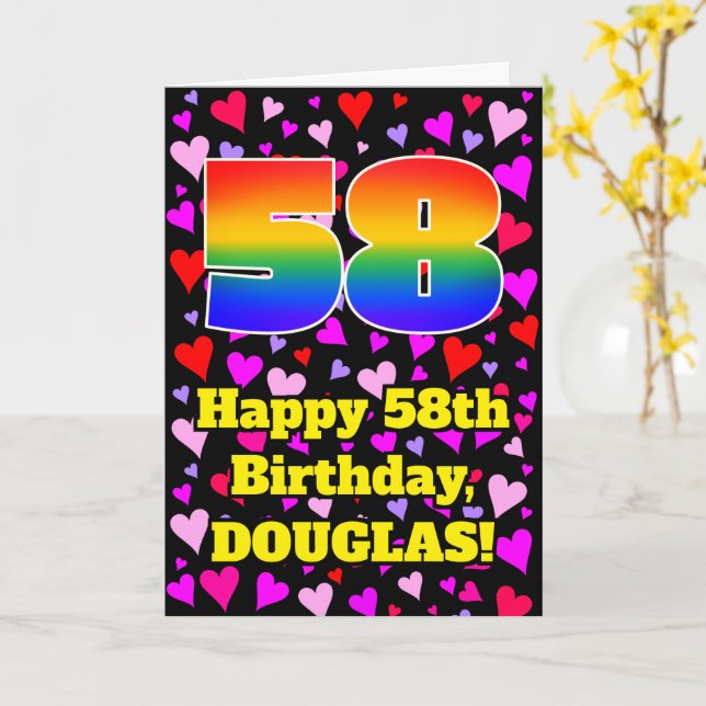 Carte 58e anniversaire : Amour Hearts Motif, Arc-en-ciel (Fleur jaune)