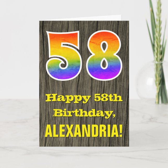 Carte 58e anniversaire : Rustic Faux Wood Look, Rainbow  (Devant)