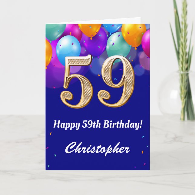 Carte 59e anniversaire Ballons bleu et or couleur marine (Devant)