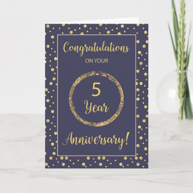 Carte 5 ans d'affaires Anniversaire Marine et Gold Look (Devant)