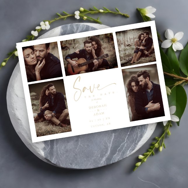 Carte 5 Photos White Chic Trendy Collage Wedding Covid19 (White Chic Trendy Collage Wedding 5 Photos Save the Date.)