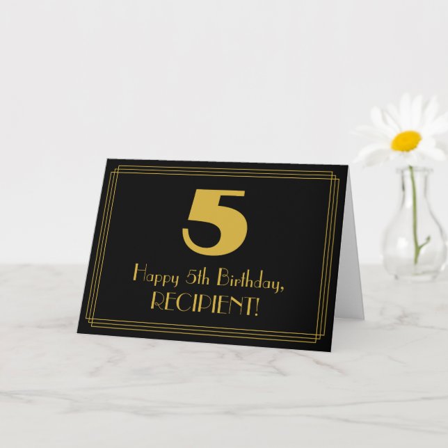 Carte 5e anniversaire : Art Déco Inspiré Look "5" & Nom (Petite plante)