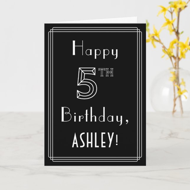 Carte 5e anniversaire : Art Déco Style # 5 & Nom personn (Fleur jaune)