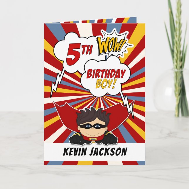 Carte 5e anniversaire Boy Superhero Thème de bande dessi (Devant)