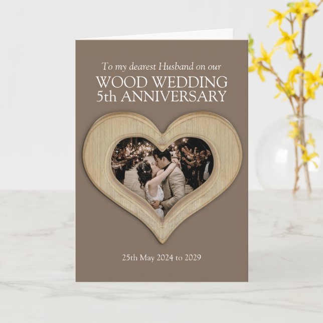 Carte 5e anniversaire du mariage du bois photo mari (Fleur jaune)
