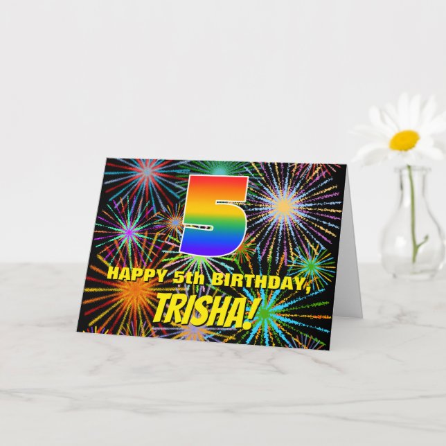 Carte 5e anniversaire : Feu d'artifice festif amusant et (Petite plante)