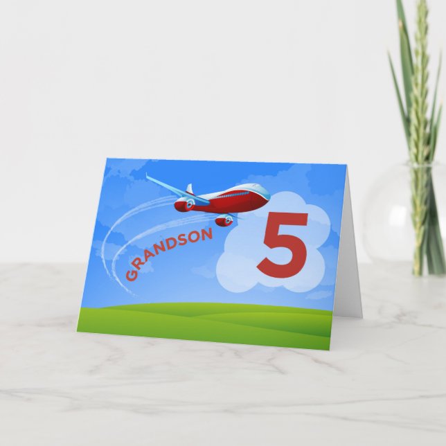 Carte 5e anniversaire, grand-fils, avion rouge (Devant)
