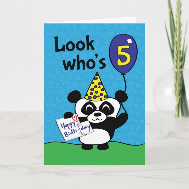 Carte 5e anniversaire - Panda garçon avec ballon et cart (Devant)