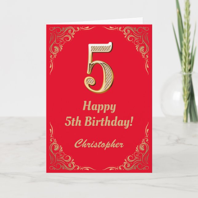 Carte 5e anniversaire Parties scintillant rouge et or (Devant)