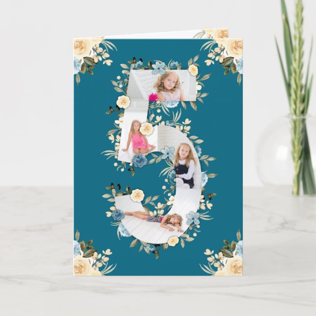 Carte 5e anniversaire Photo Collage bleu Fleur jaune Tur (Devant)