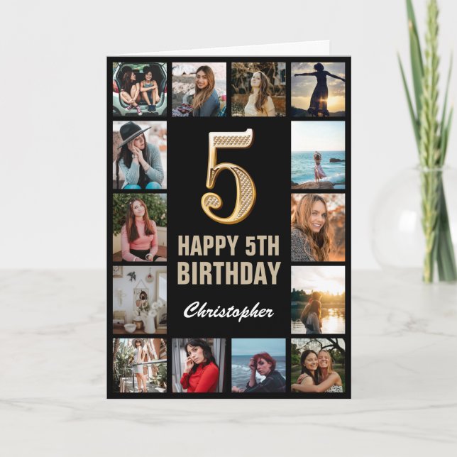 Carte 5e Joyeux Anniversaire Black and Gold Photo Collag (Devant)