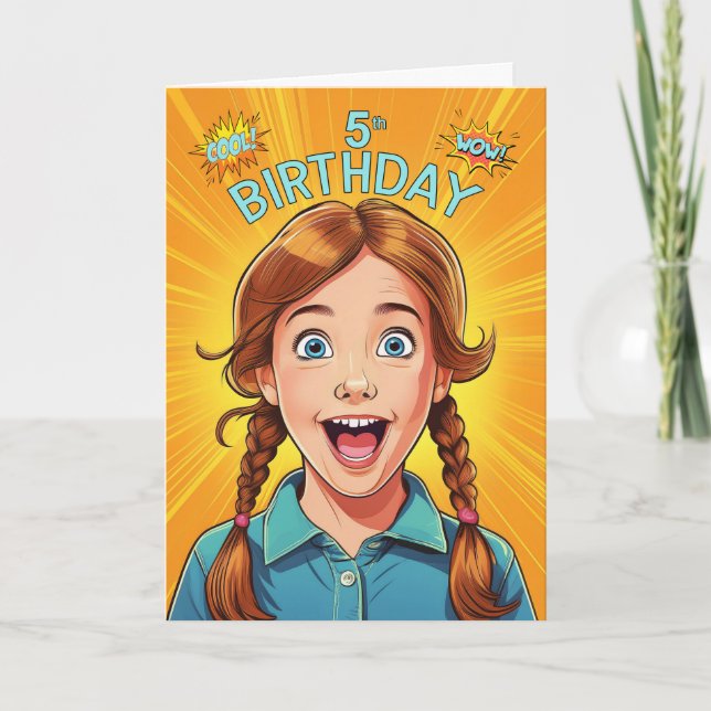Carte 5th Birthday Red Haired Girl Pop Art Style (Devant)