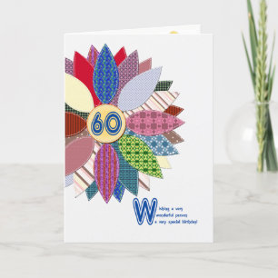 Carte 60 ans, anniversaire de fleur cousue