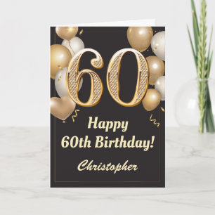 Carte 60e anniversaire Ballons Noir et Or Confetti