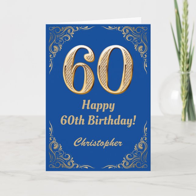 Carte 60e anniversaire Cadre Parties scintillant bleu et (Devant)