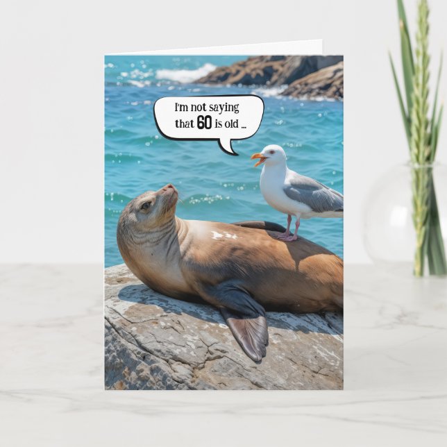 Carte 60e anniversaire Humour mouette perché sur un lion (Devant)