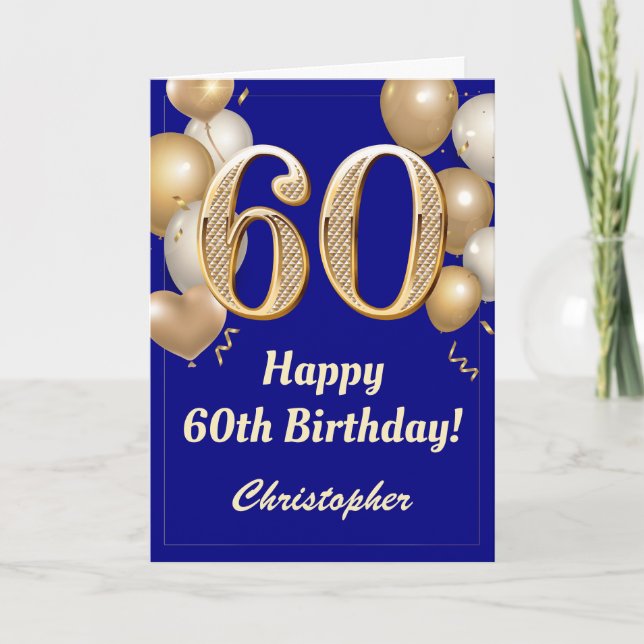 Carte 60e anniversaire Marine Bleu et Ballons d'or Confe (Devant)