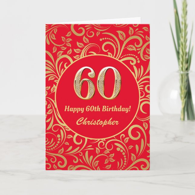 Carte 60e anniversaire Motif Floral rouge et or (Devant)